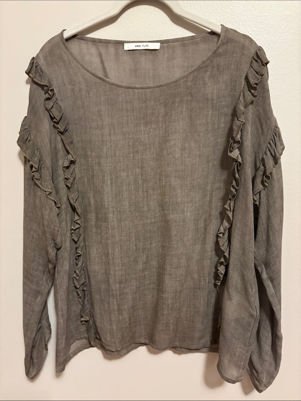 AMS PURE Ruffle-Trim Long Sleeve Blouse in Taupe